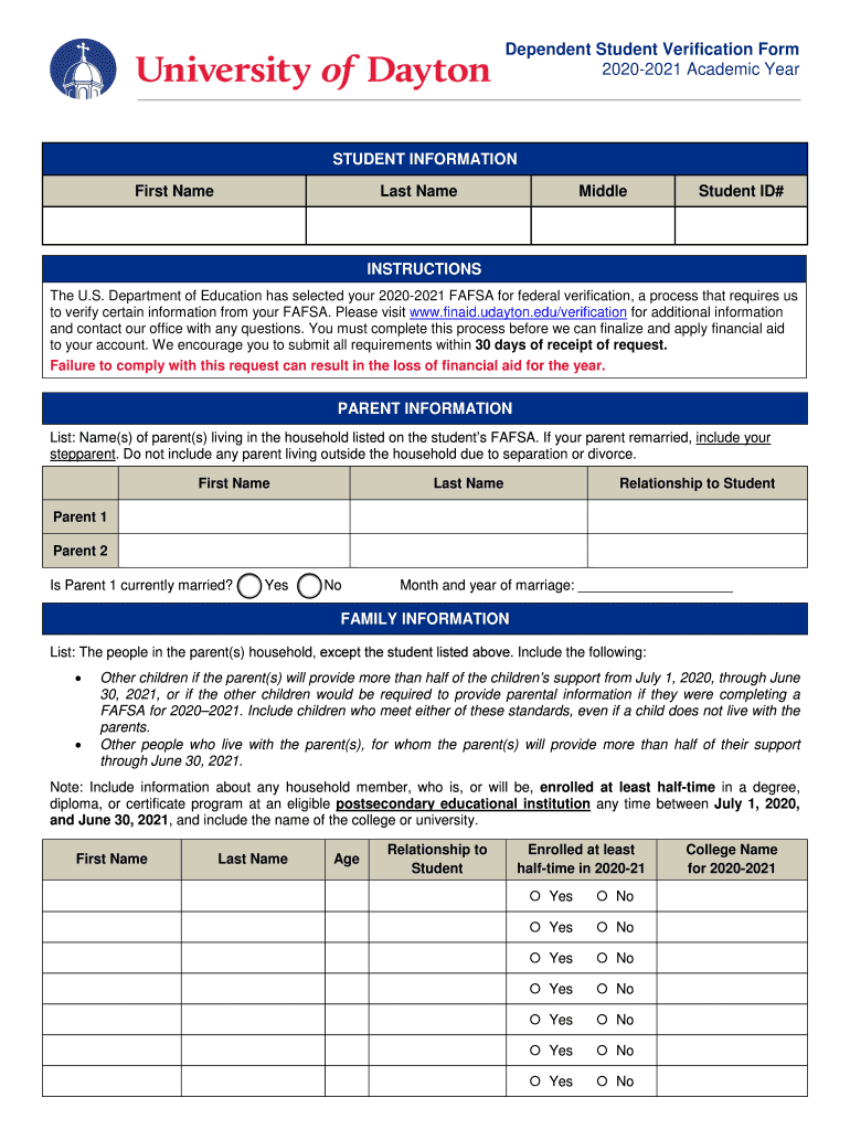  Dependent Student Verification Form 2021 Academic Year 2020-2024