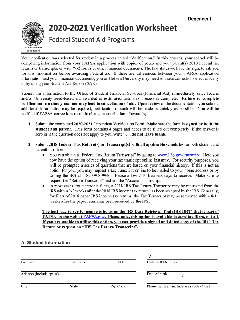  2021 Verification Worksheet Dependent 2020-2024