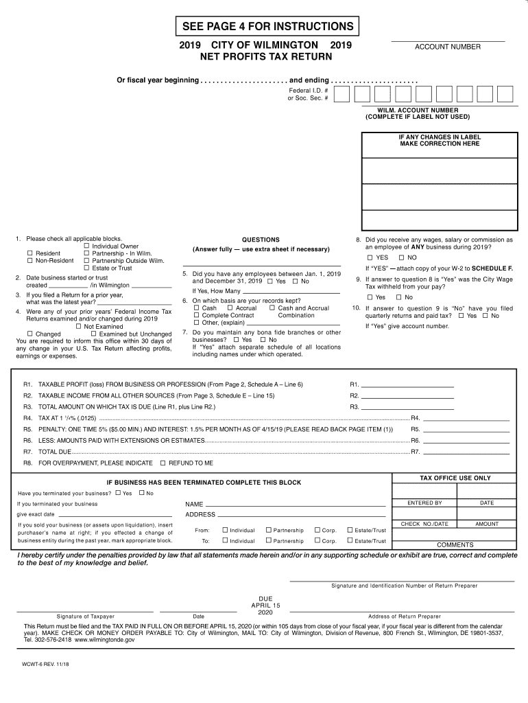  City of Wilmington Net Profits Tax Return 2019