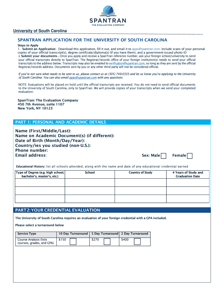 University of South Carolina SPANTRAN APPLICATION for  Form