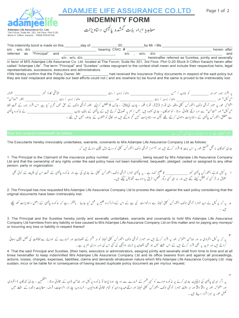 Indemnity Form Without WM Adamjee Life