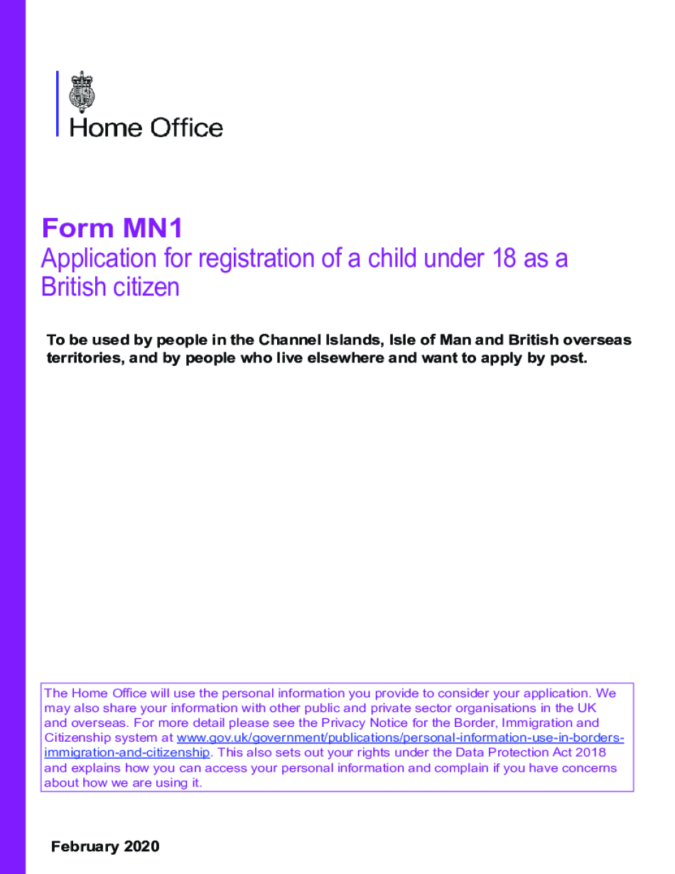  Register Child under 18 as British Citizen Form MN1 GOV UK 2020-2024
