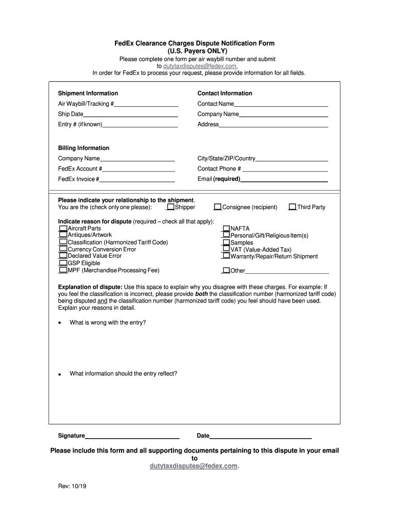  FedEx Clearance Charges Dispute Notification Form U S 2019