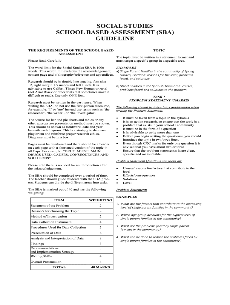 Social Studies Sba Guidelines  Form