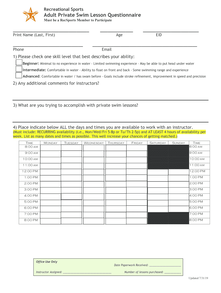 Private and Semi Private Swim Lessons VCU Rec Sports  Form