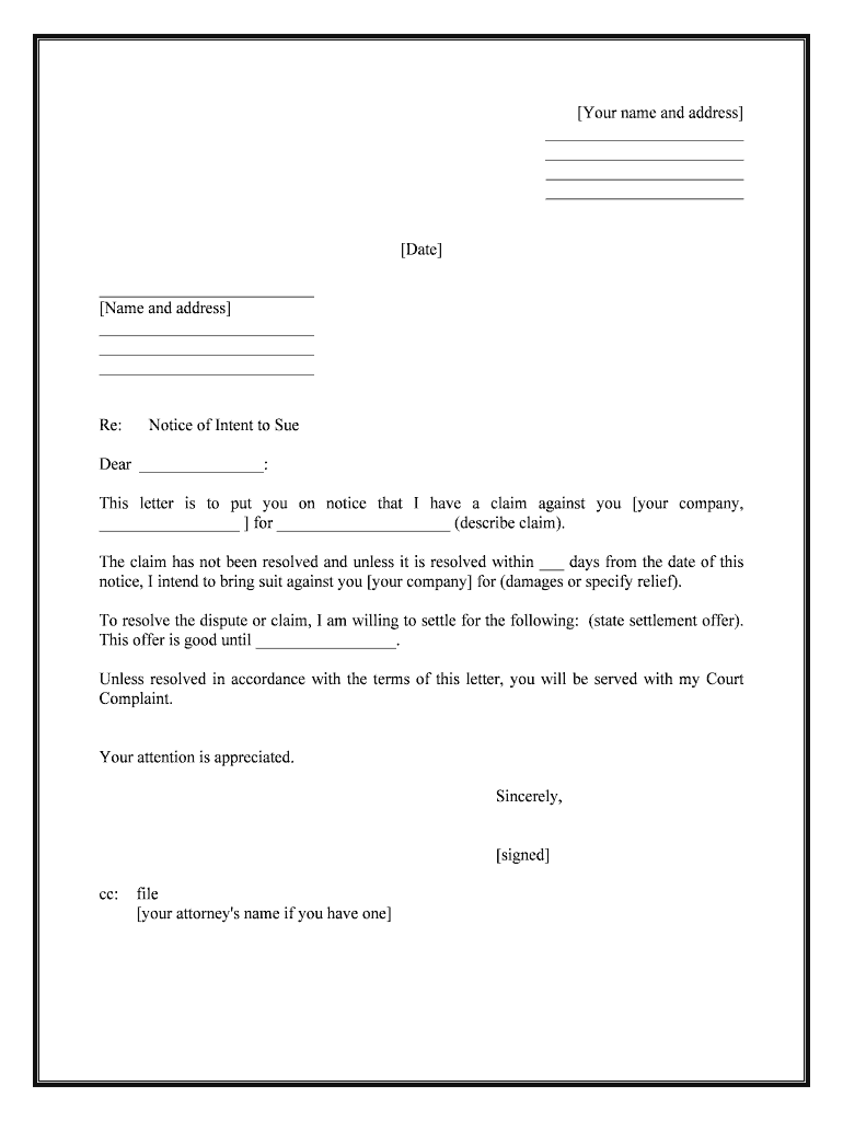 Sample Letter of Intent to Take Legal Action  Form