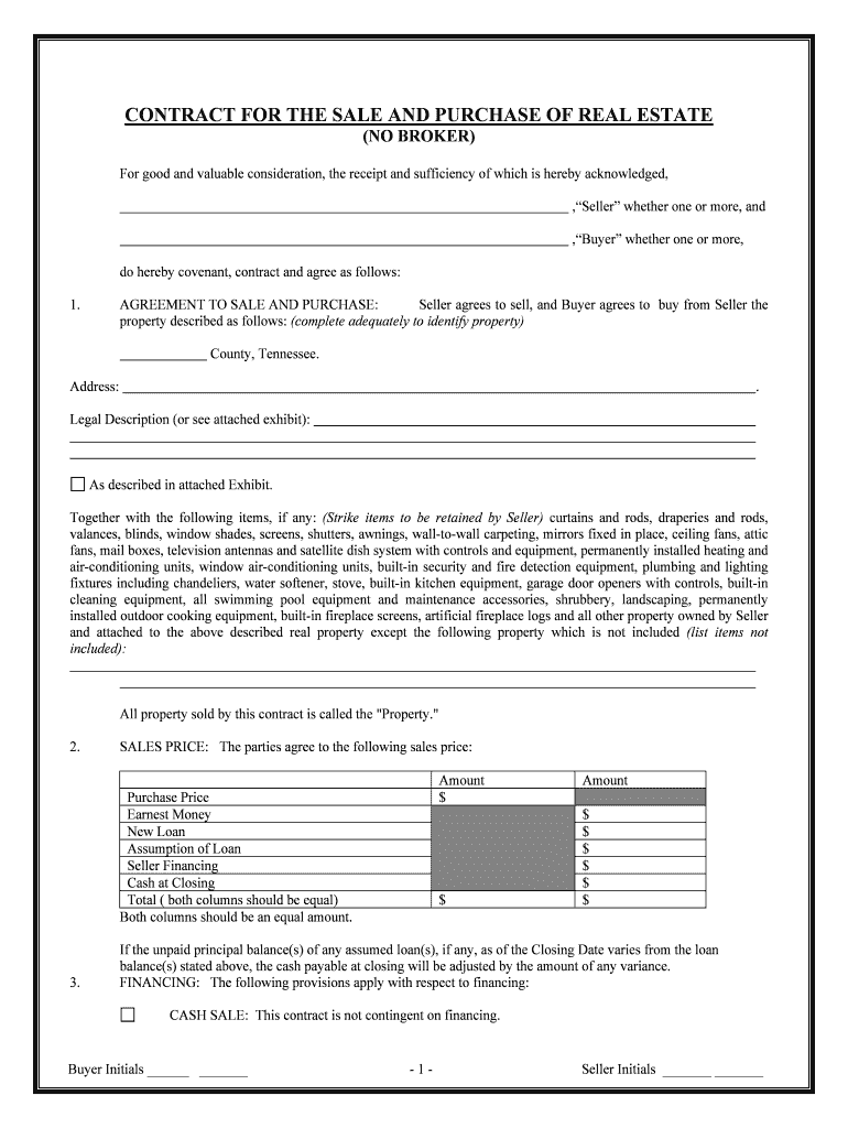 Tennessee Contract for Sale and Purchase of Real Estate with No Broker for Residential Home Sale Agreement  Form