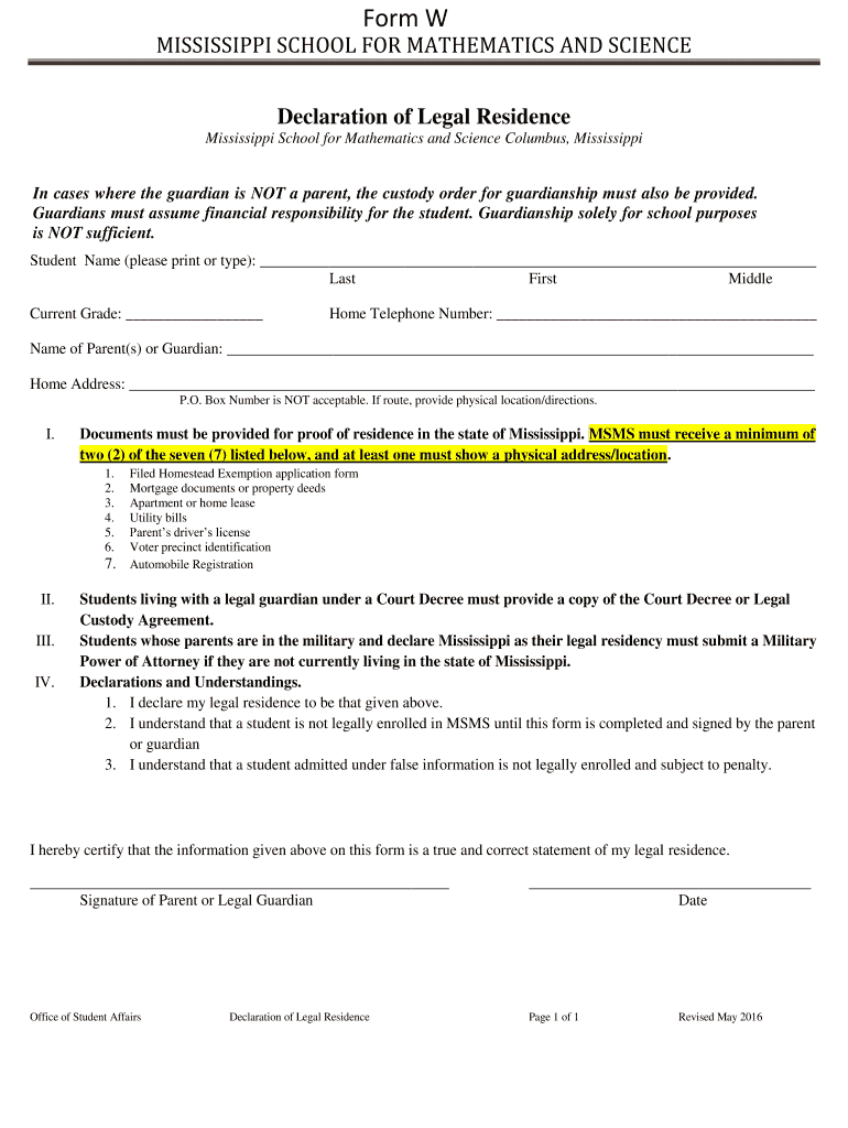 Form W Mississippi School for Mathematics and Science