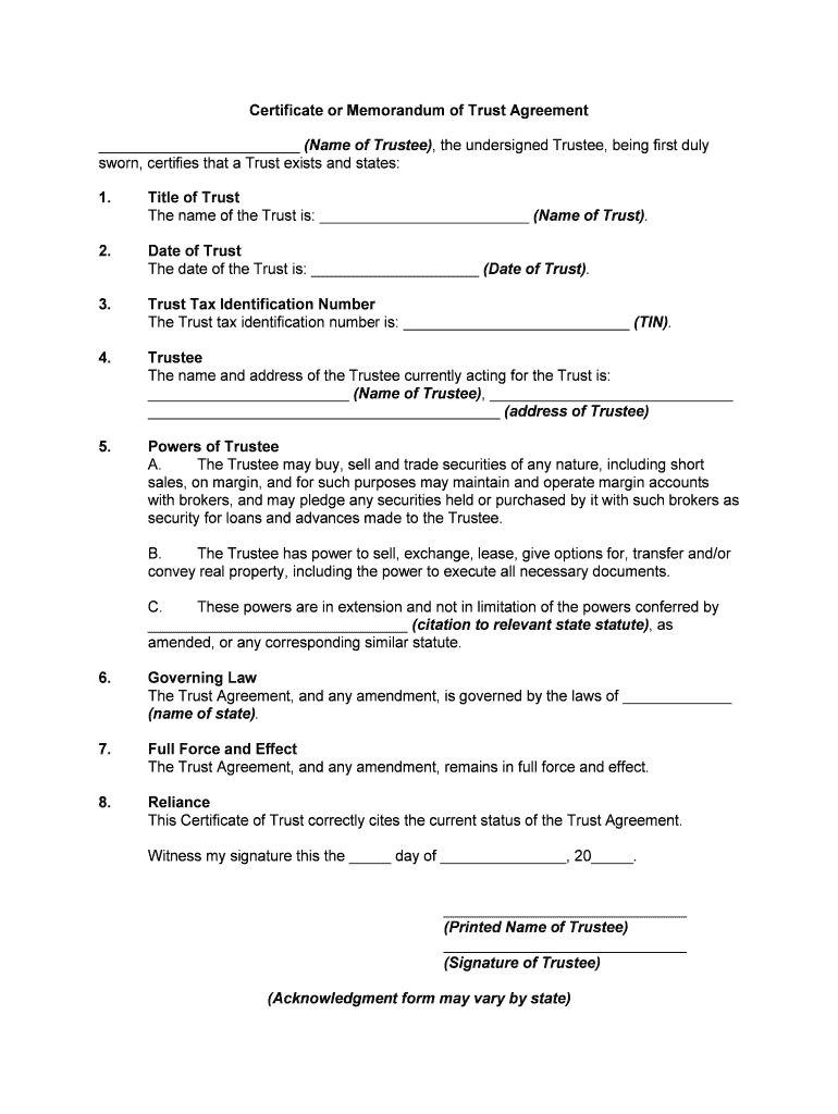 Memorandum of Trust Sample  Form