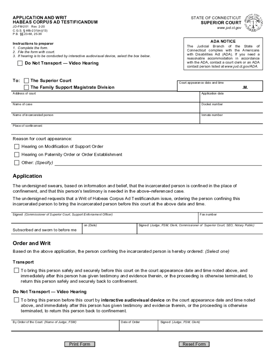 APPLICATION and WRIT, HABEAS CORPUS AD TESTIFICANDUM  Form