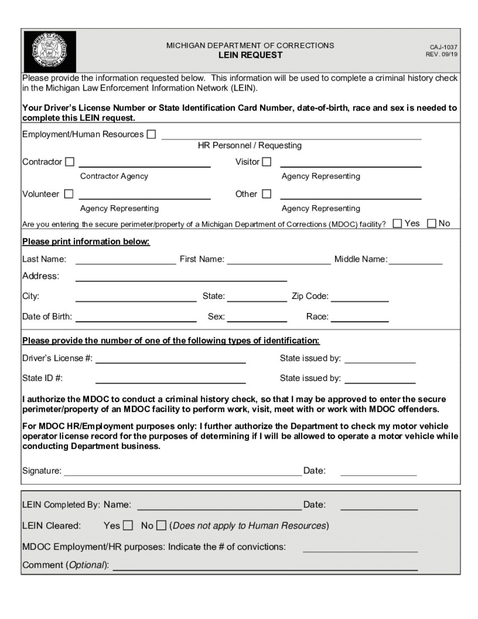 CAJ 1037 MDOC LEIN Request DOC  Form