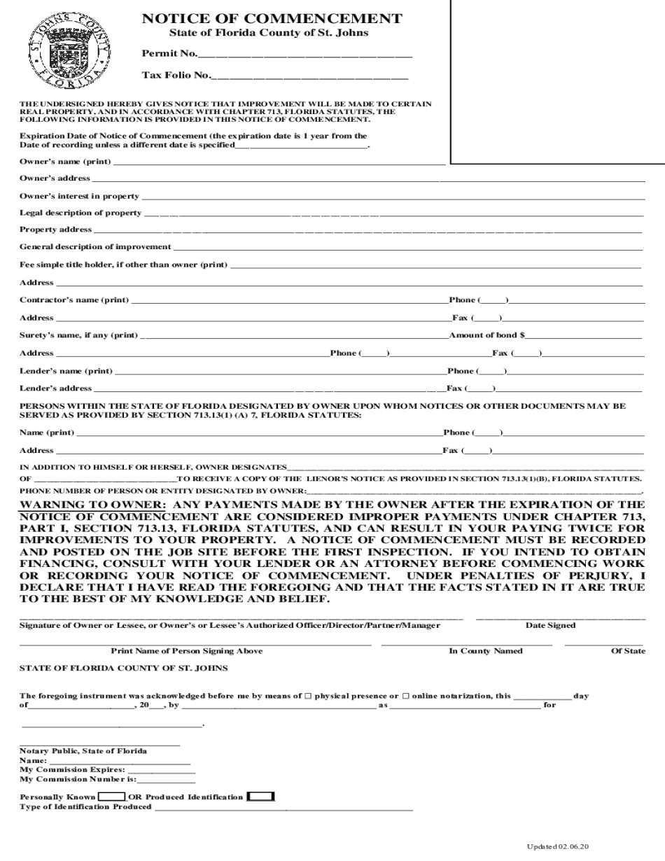 NOTICE of COMMENCEMENT State of Florida City of St  Form