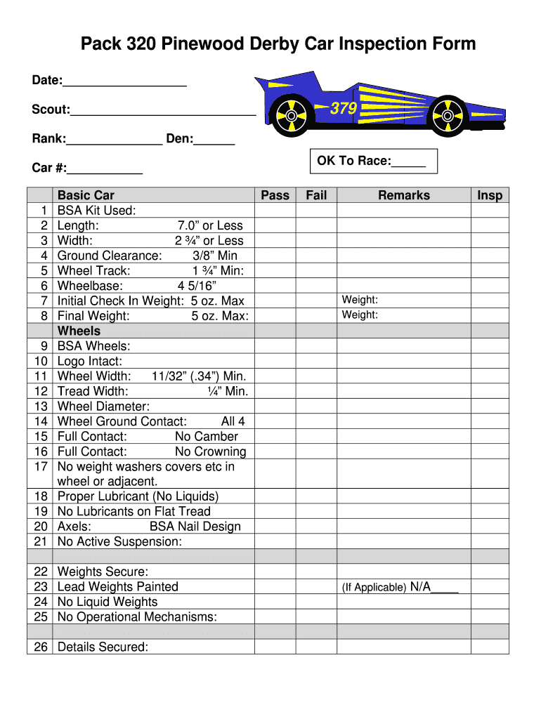 Pack 320 Pinewood Derby Car Inspection Form Cub Scout