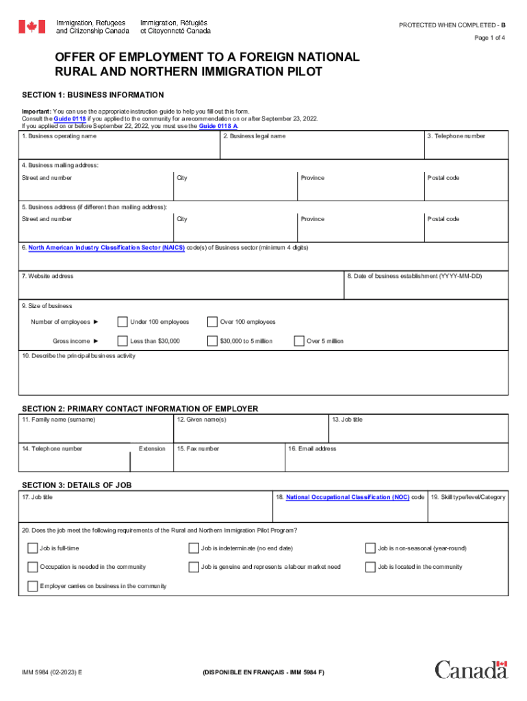 IMM 5984 Offer of Employment to a Foreign National Rural and Northern Immigration Pilot  Form