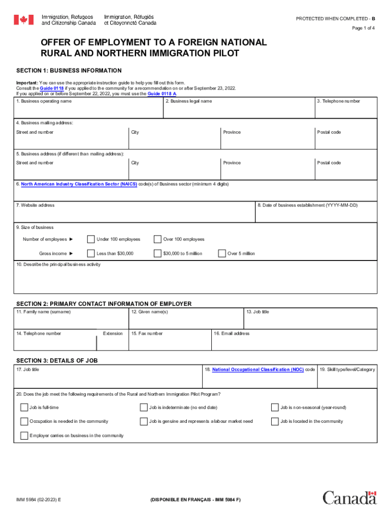 IMM 5984 Offer of Employment to a Foreign National Rural and Northern Immigration Pilot Form