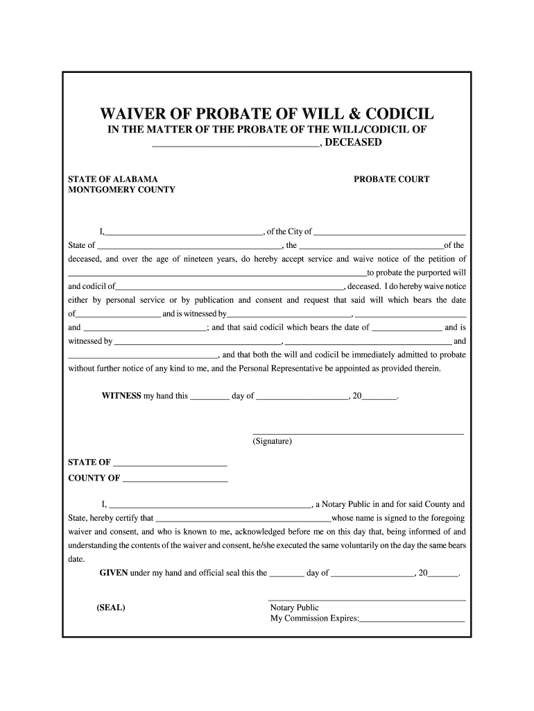 Fillable Online Mc Ala WAIVER of PROBATE of WILL CODICIL  Form