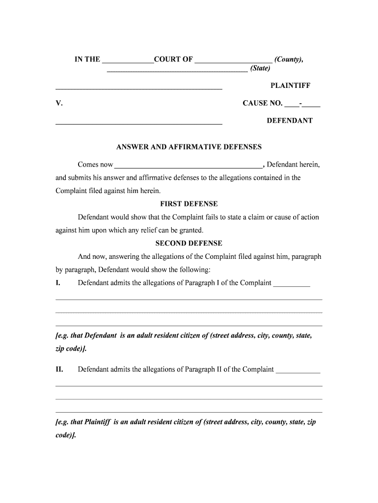 Answer Affirmative Defenses Court  Form