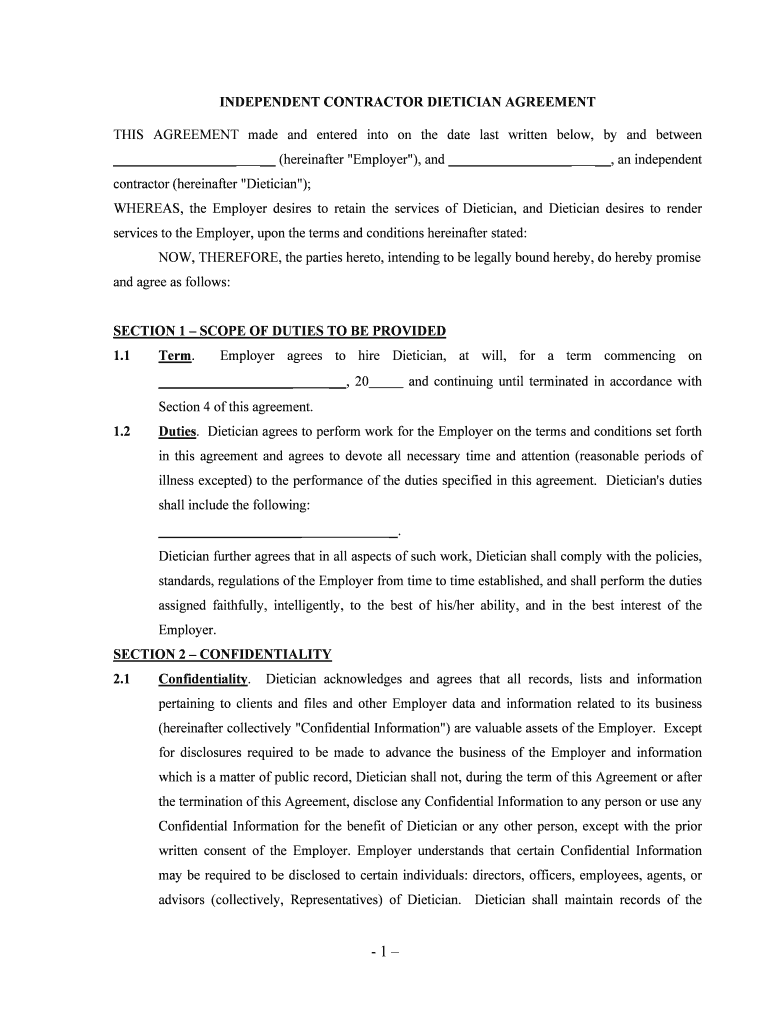 Dietitian Agreement Independent  Form
