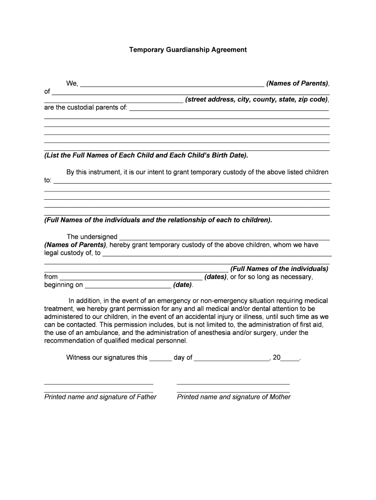 Temporary Guardianship Agreement Child  Form