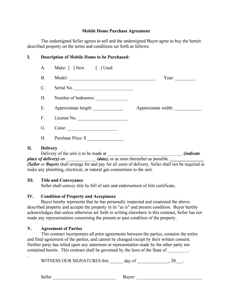 Mobile Home Purchase Agreement PDF  Form