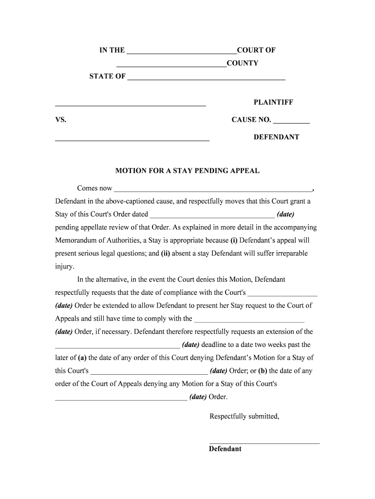Stay Pending Appeal Order  Form
