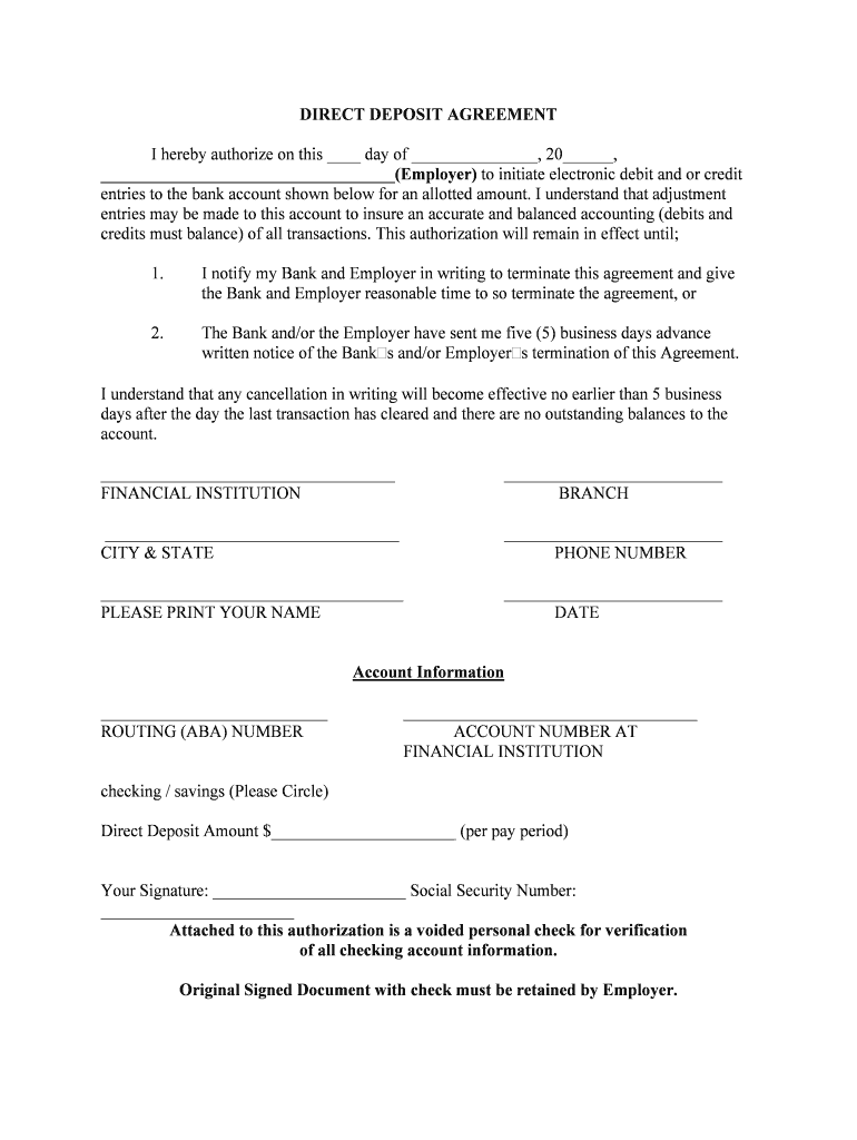 Direct Deposit Agreement Account  Form