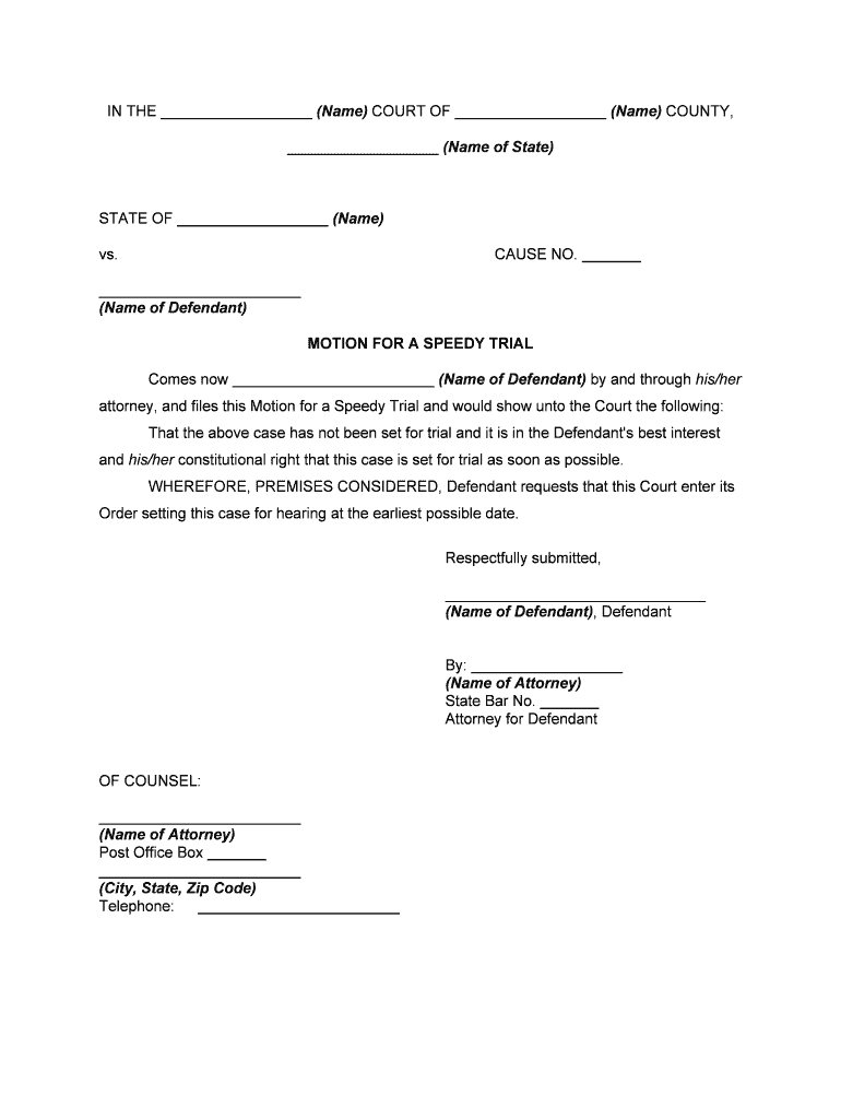 Motion for Speedy Trial Form Texas