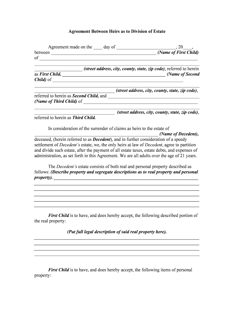 Agreement between Heirs as to Division of Estate  Form