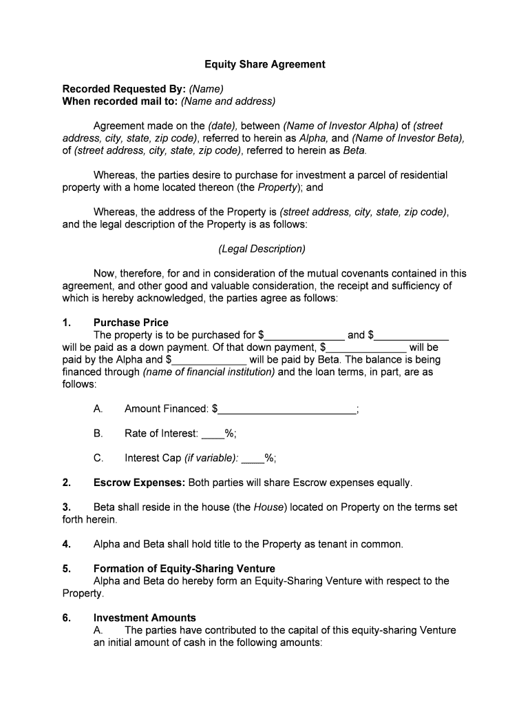 Equity Agreement Template  Form