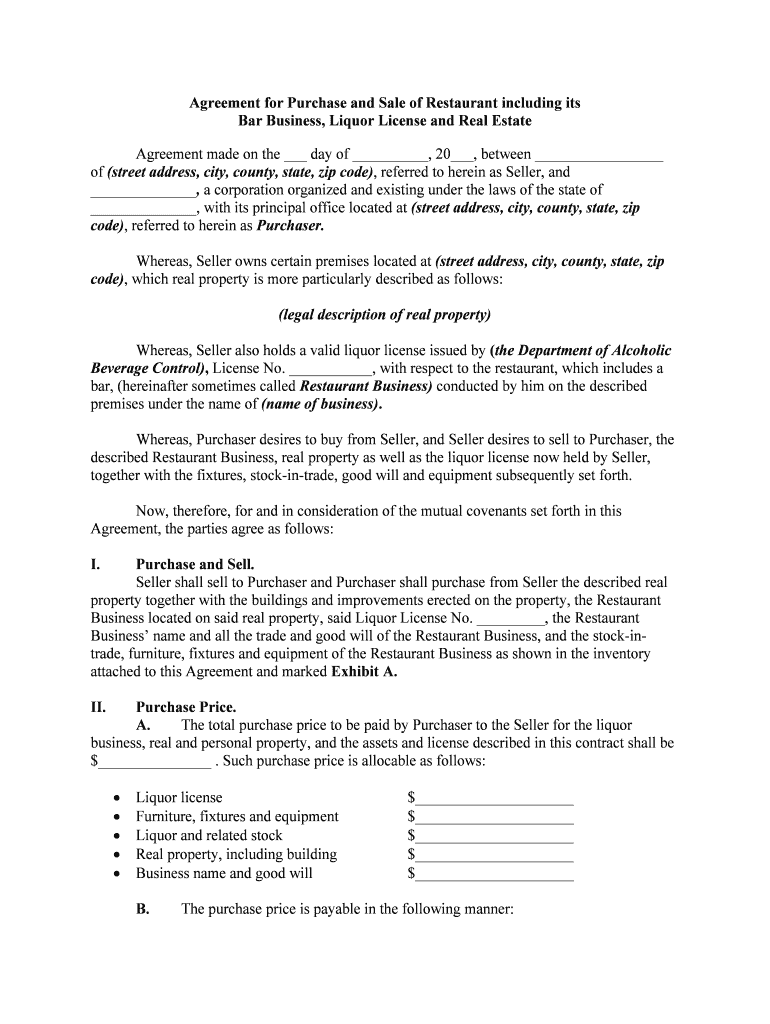 Agreement Purchase Restaurant Bar  Form