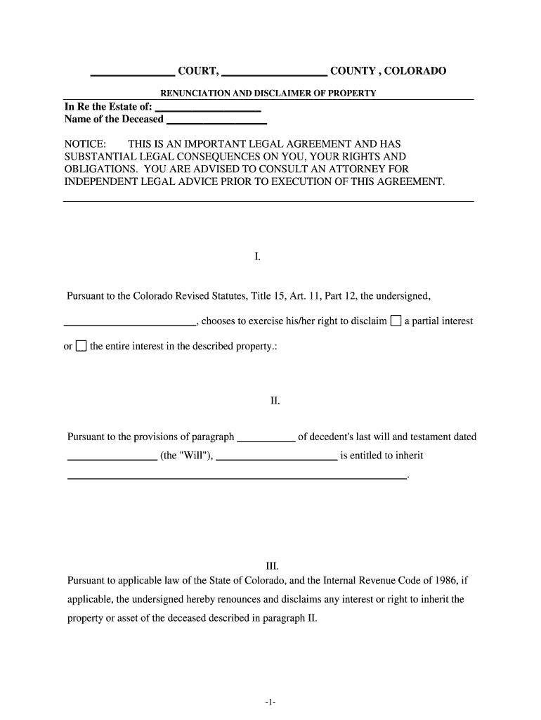 Colorado Renunciation and Disclaimer of Property from Will by Testate  Form