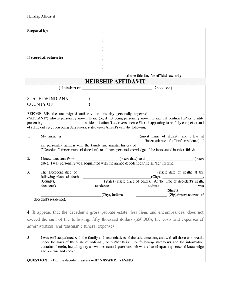 Indiana Heirship Affidavit Descent  Form