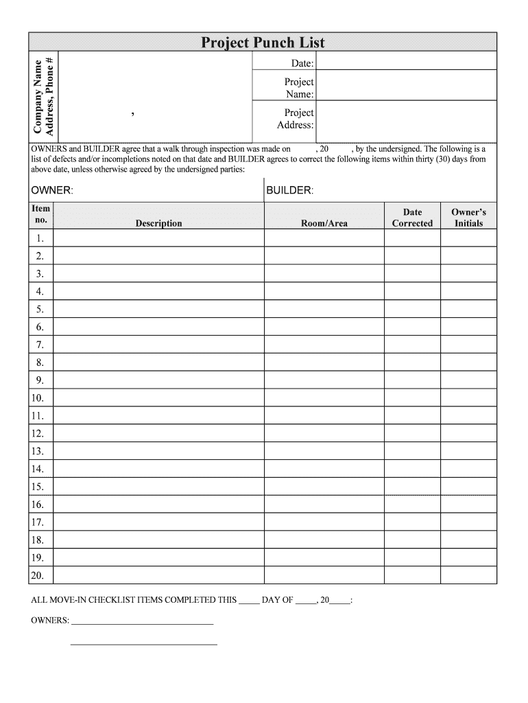 Construction Punch List Template Excel  Form