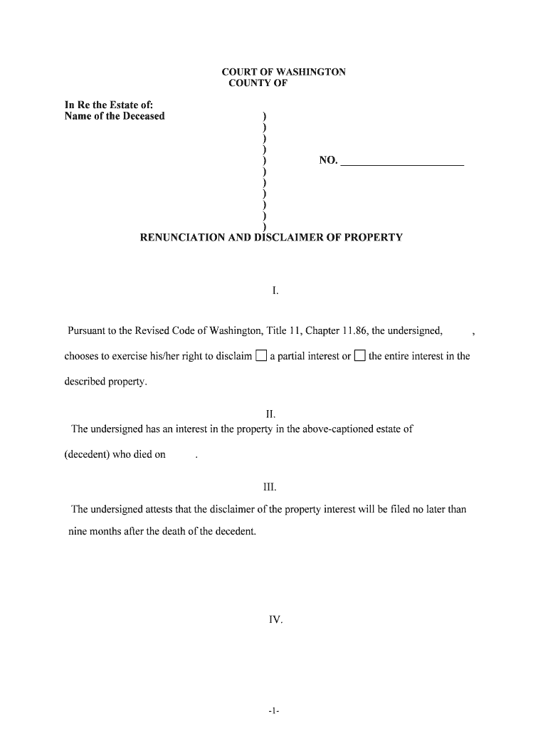 Washington Renunciation and Disclaimer of Property from Will by Testate  Form