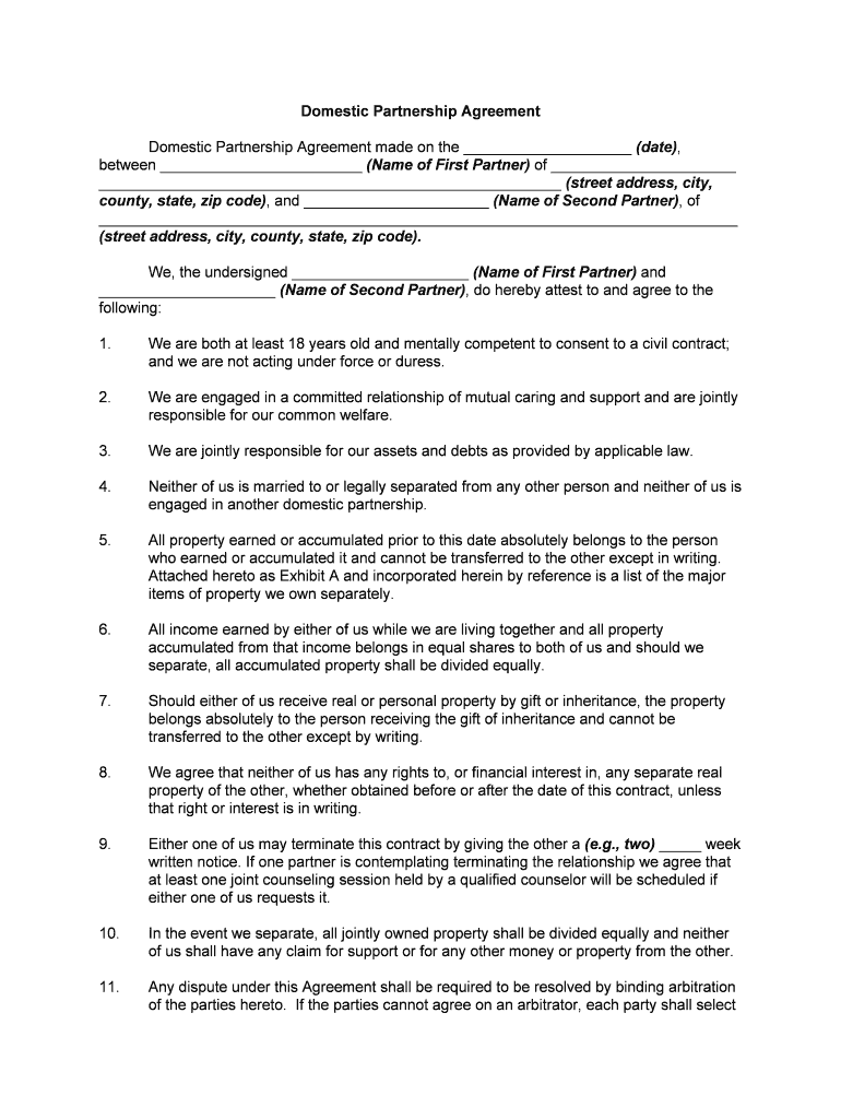 Domestic Partnership Partner Agreement  Form