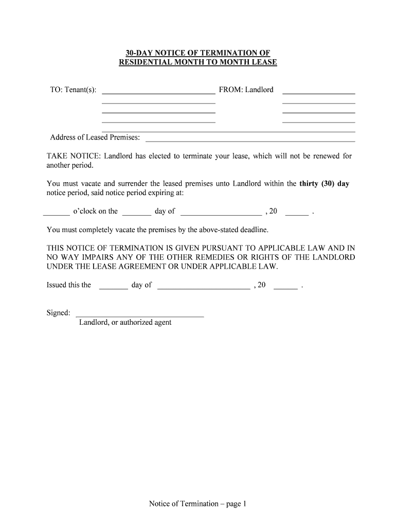 Notice Termination Month Lease  Form