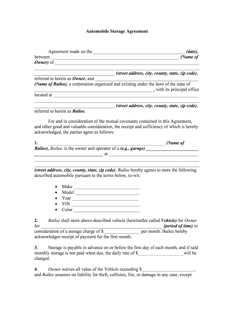 Michigan Vehicle Storage Agreement Template  Form