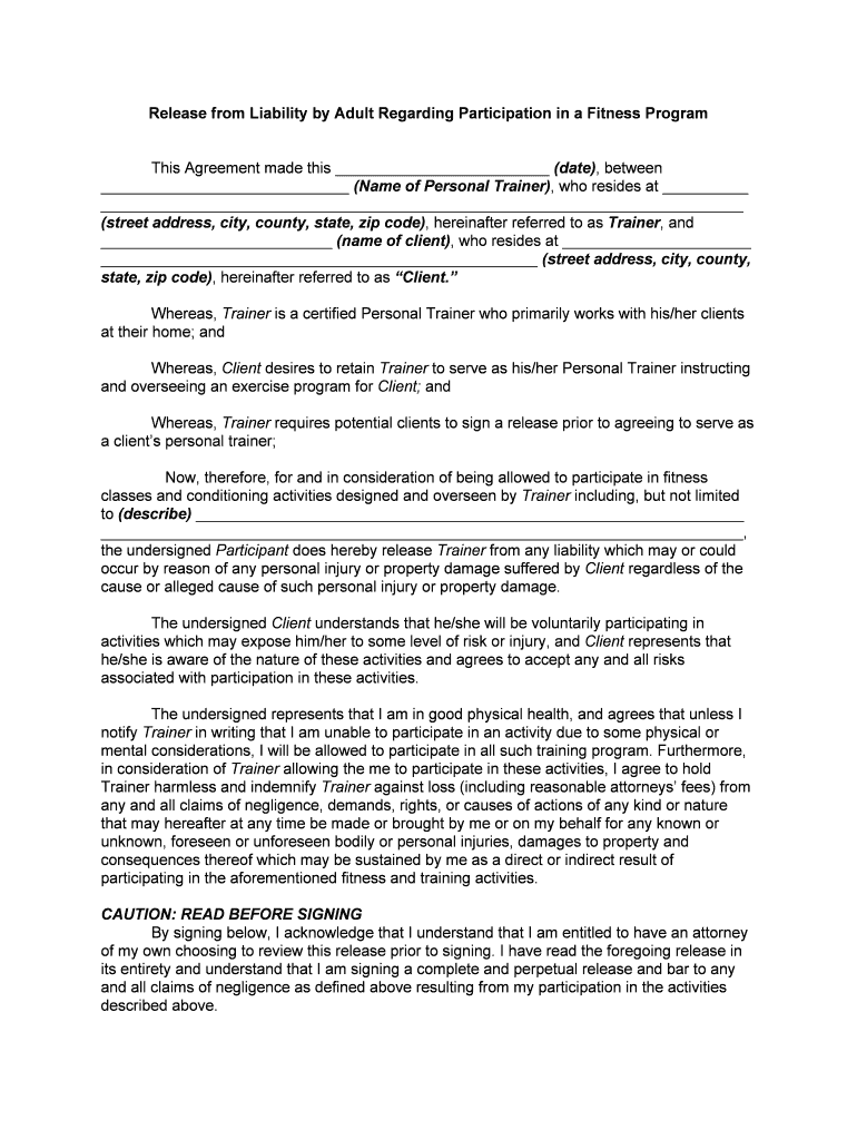 Release from Liability by Adult Regarding Participation in a Fitness Program Personal Trainer Waiver  Form