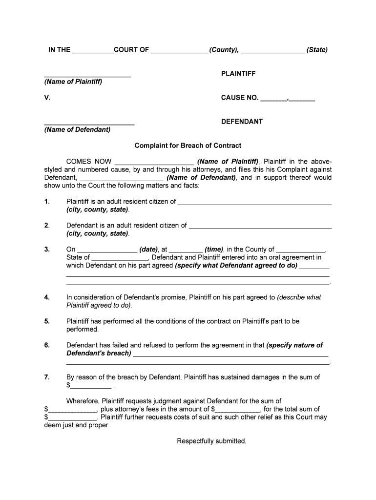 Complaint Breach Contract Court  Form