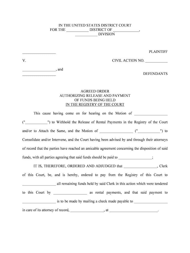 Agreed Order to Release Funds Held in the Registry of the Court Texas  Form