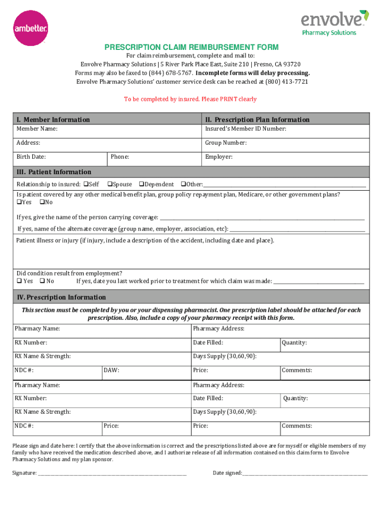 PRESCRIPTION CLAIM REIMBURSEMENT FORM for Claim Re