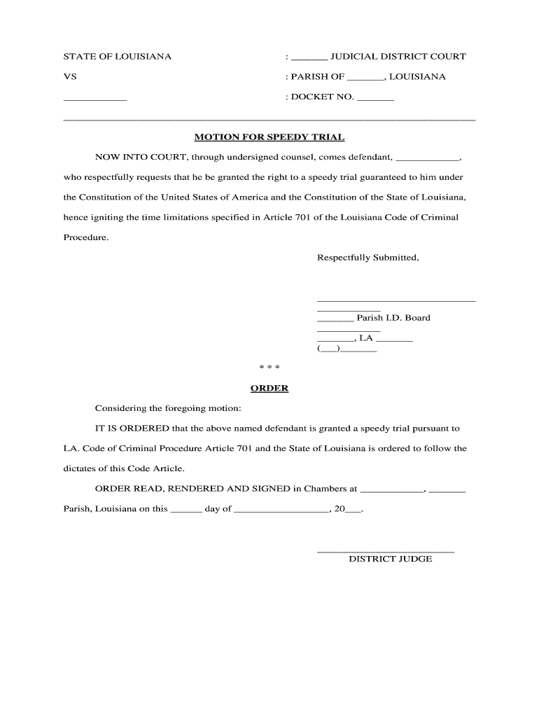 Motion for Speedy Trial Form