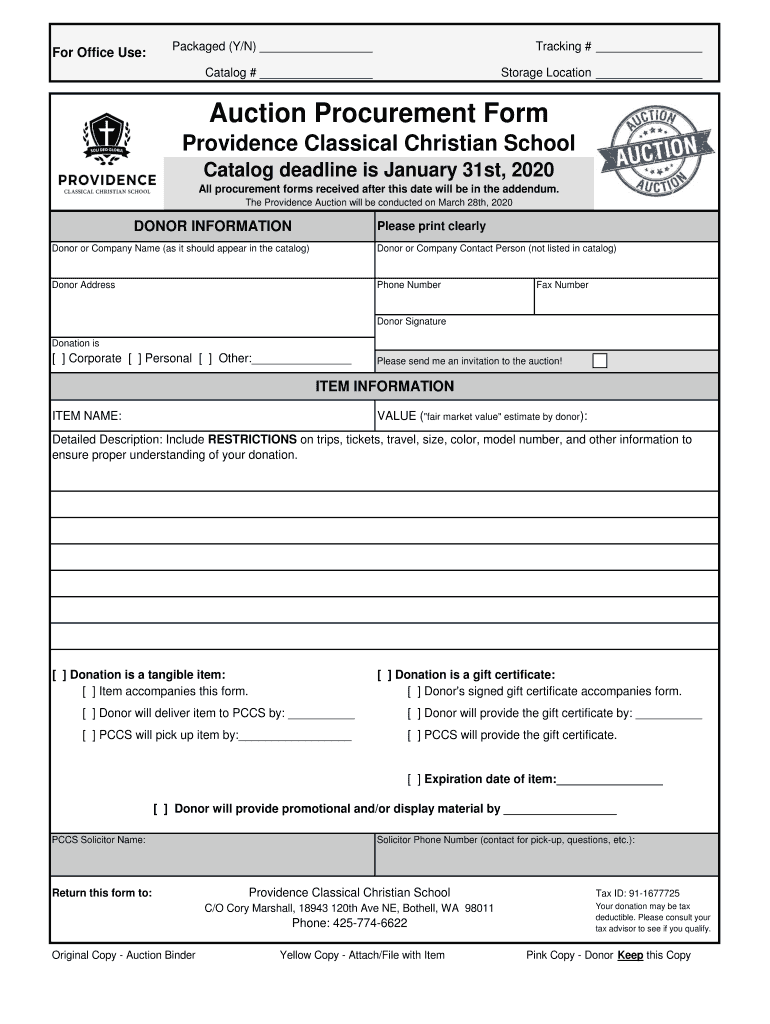  Auction Procurement Form Providence Classical Christian 2020-2024