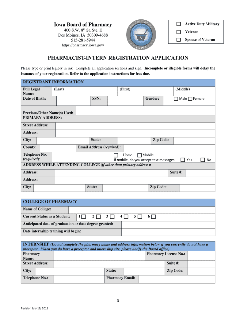 Pharmacist Intern Registration Application Iowa Board of  Form