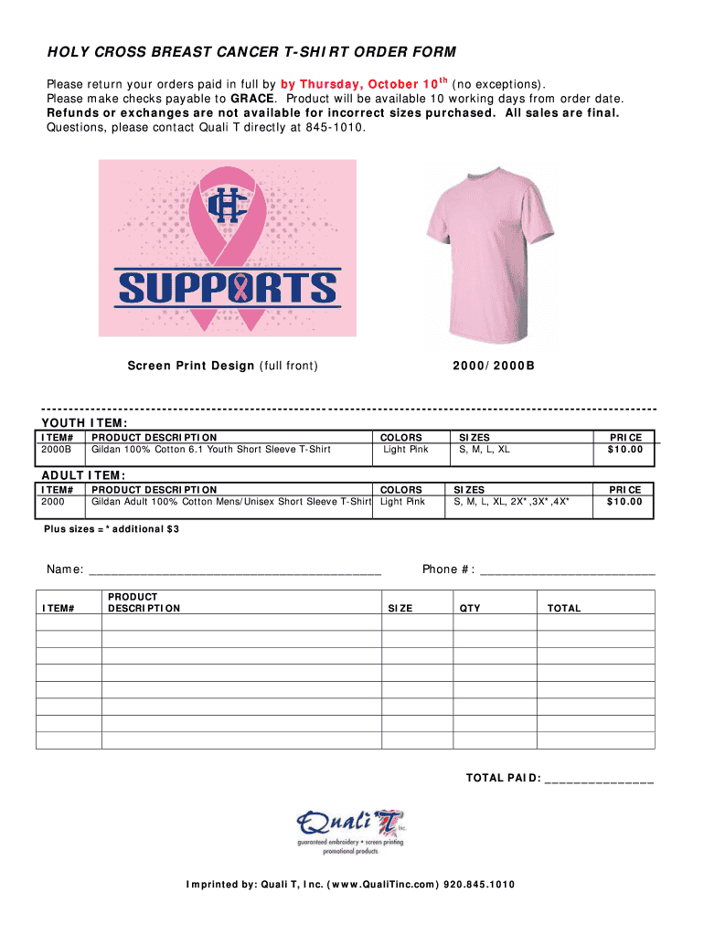HOLY CROSS BREAST CANCER T SHIRT ORDER FORM