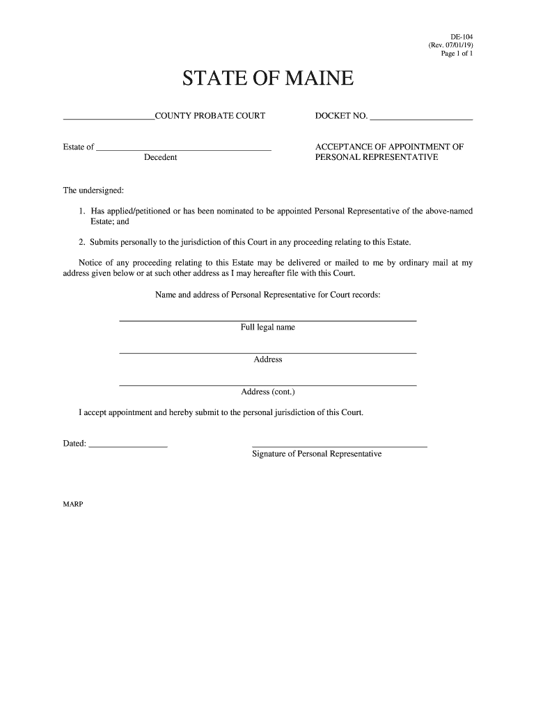  Maine Probate Form De 104 2019-2023