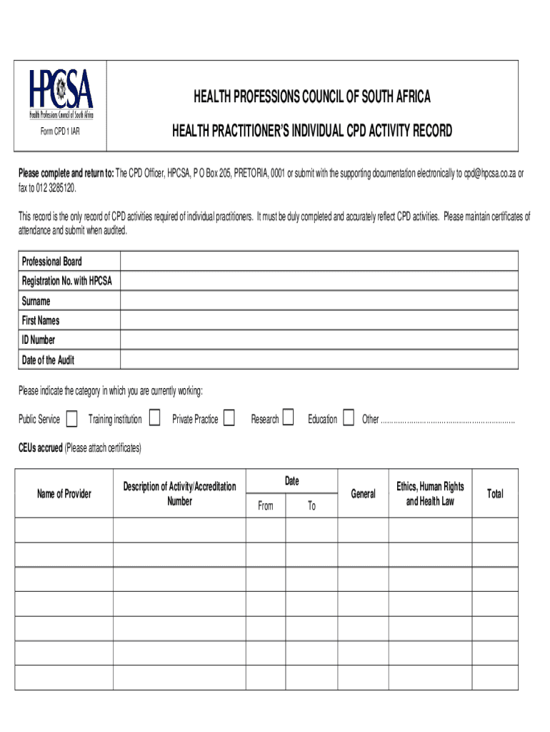 Hpcsa Individual Cpd Activity Record Form Cpd 1 Iar