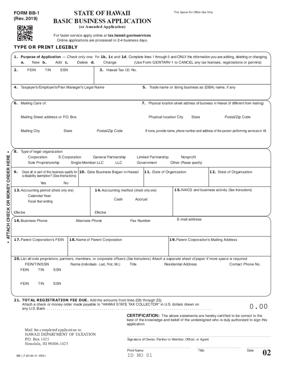  Form BB 1 'Basic Business Application' Hawaii 2019