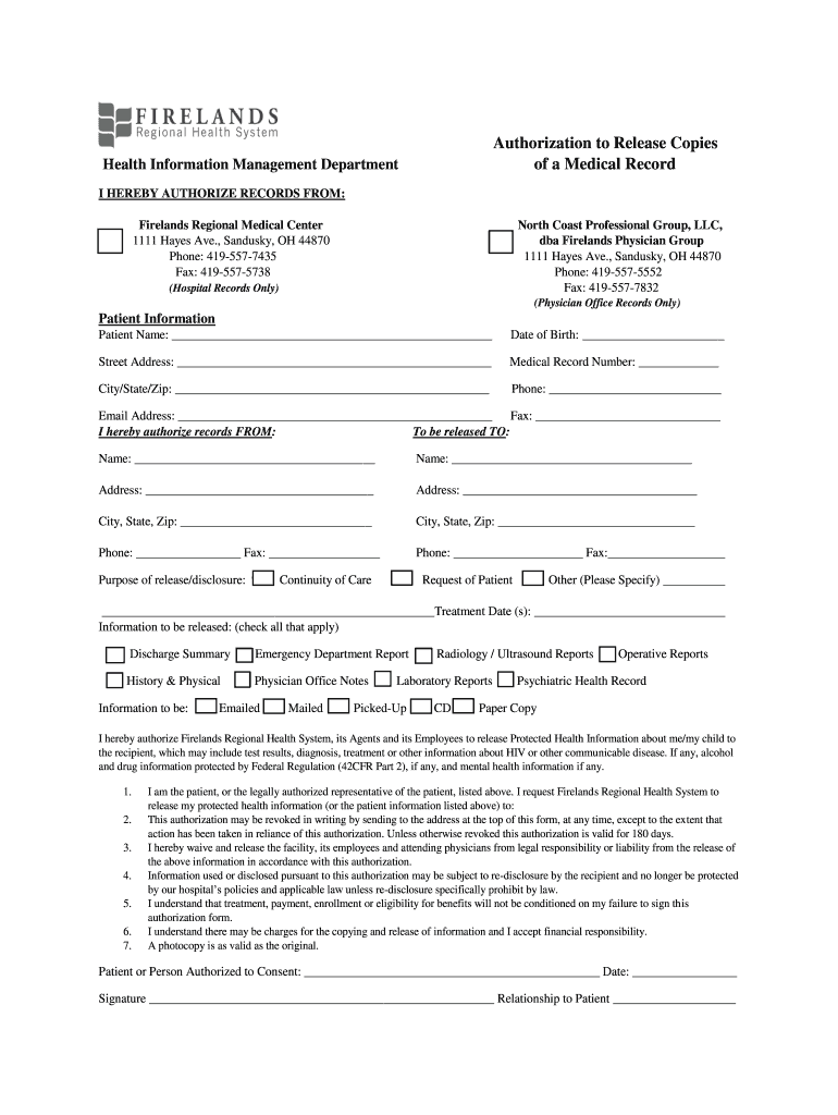 Medical Records Firelands Regional Medical Center  Form