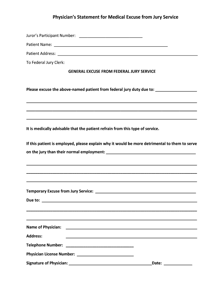 Physician&#039;s Statement for Medical Excuse  Form